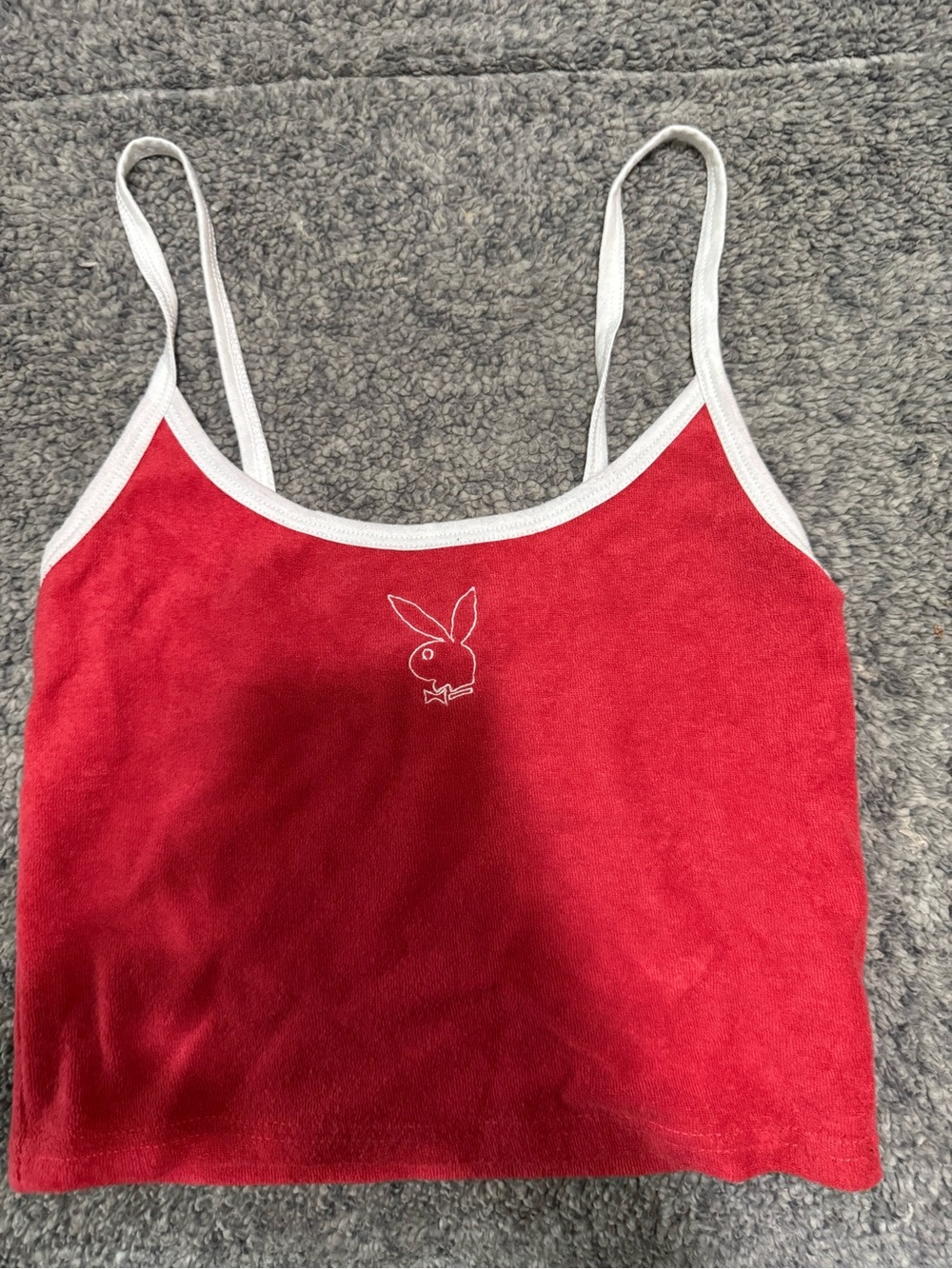PLAYBOY Red Velour Cropped Camisole with White Trim